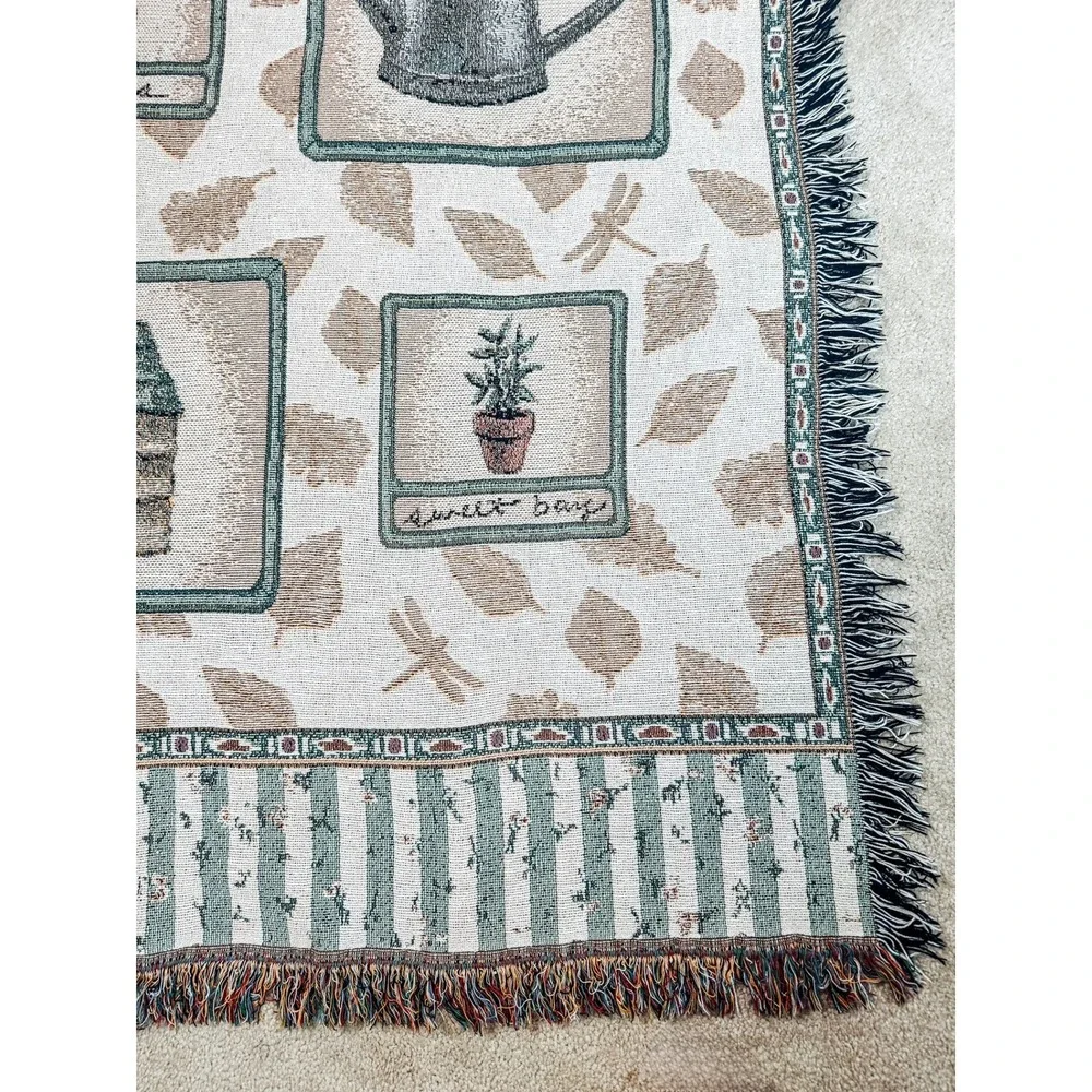 Vintage Pfaltzgraff Naturewood Woven Throw Blanket Afghan Birdhouse Garden 49x60
